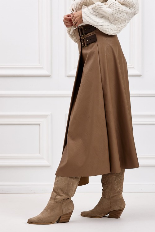 Spódnica damska ze sztucznej skóry camel z klamrami