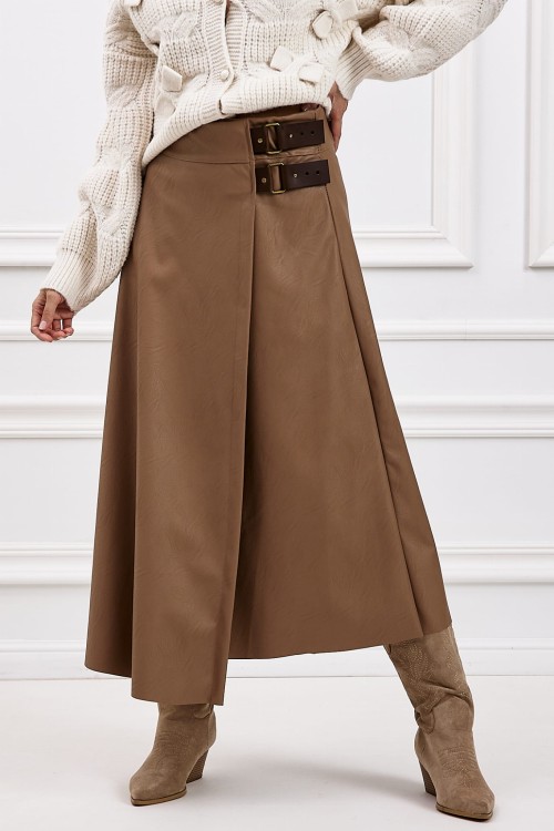 Spódnica damska ze sztucznej skóry camel z klamrami