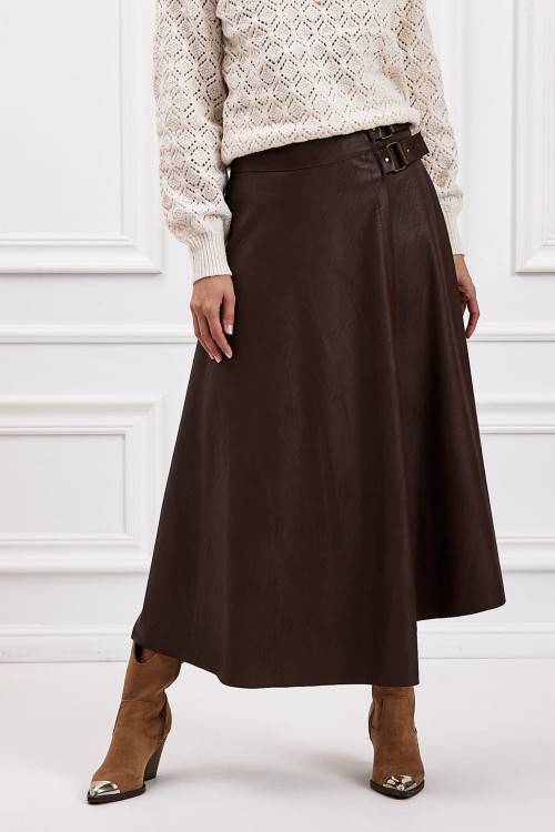 Spódnica damska ze sztucznej skóry brązowa z klamrami