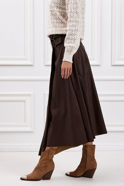 Spódnica damska ze sztucznej skóry brązowa z klamrami