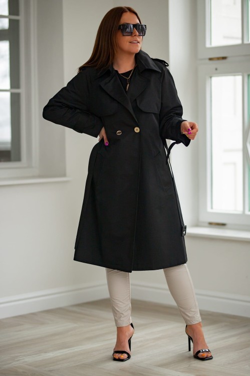 Plaszcz damski - trencz - z paskiem - w kolorze czarnym - Bastet Fashion