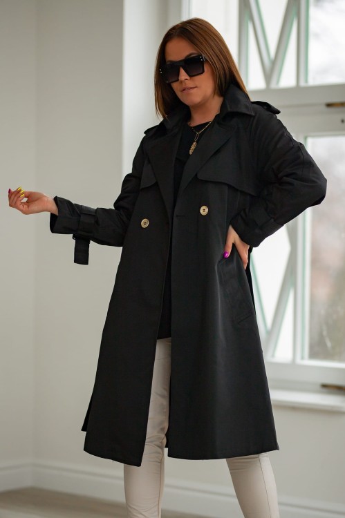 Plaszcz damski - trencz - z paskiem - w kolorze czarnym - Bastet Fashion