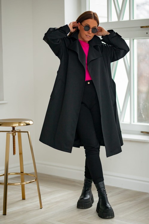 Plaszcz damski - trencz - z paskiem - w kolorze czarnym - Bastet Fashion
