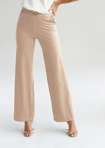 Spodnie damskie - Brit - ze złotą klamrą - bezowe  - polskiej marki Wibs
