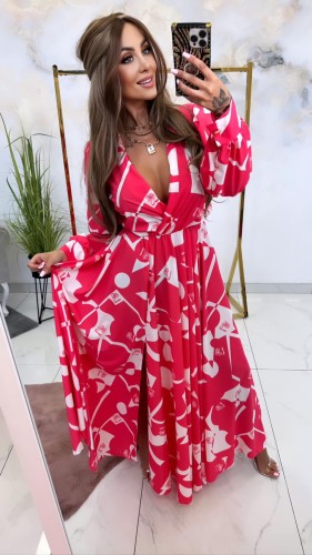 Sukienka damska - maxi - w malinowe kwiaty - dekolt V - polskiej marki Lola Bianka