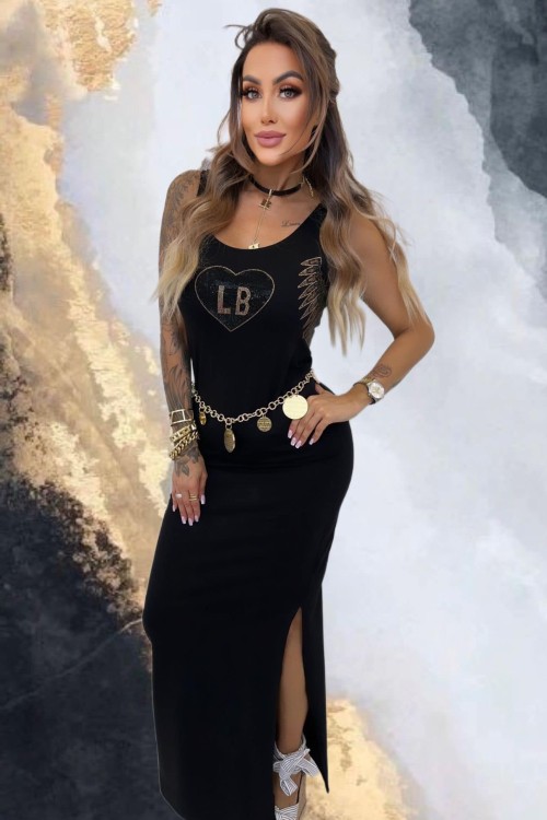 Sukienka damska - maxi - czarna - z modnym logo - na ramiaczkach - polskiej marki Lola Bianka