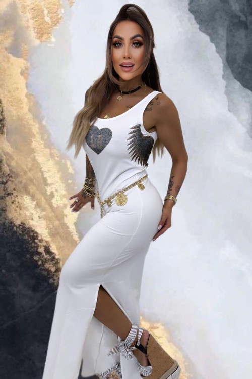 Sukienka damska - maxi - biała - z modnym logo - na ramiączkach - polskiej marki Lola Bianka