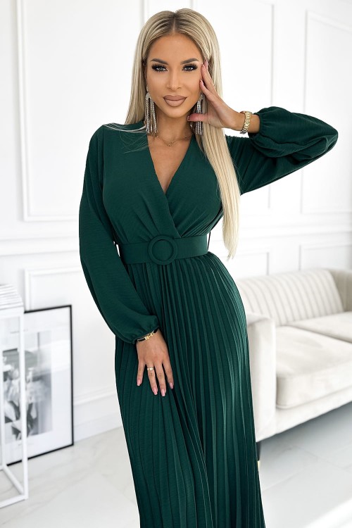 Sukienka - damska - Viviana - maxi - plisowana - zielen butelkowa - polska - marka - Numoco