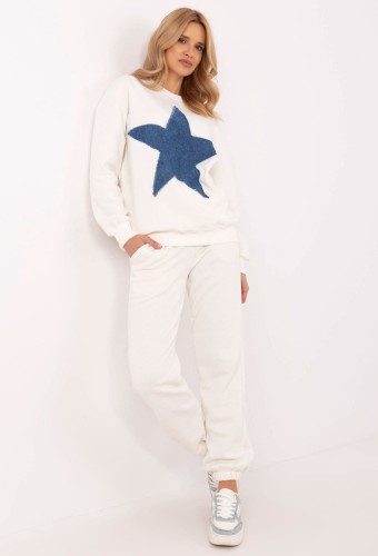 Casualowy komplet damski dresowy w kolorze ecru z jeansową wstawką