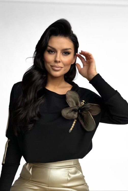 Elegancka bluzka damska bawełniana czarna z ozdobną ważką polskiej marki By Lavie