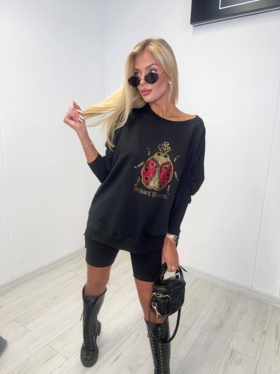 Czarna Bluza Tunika Oversize z Złotą Aplikacją – Ekskluzywna Nowość She&You