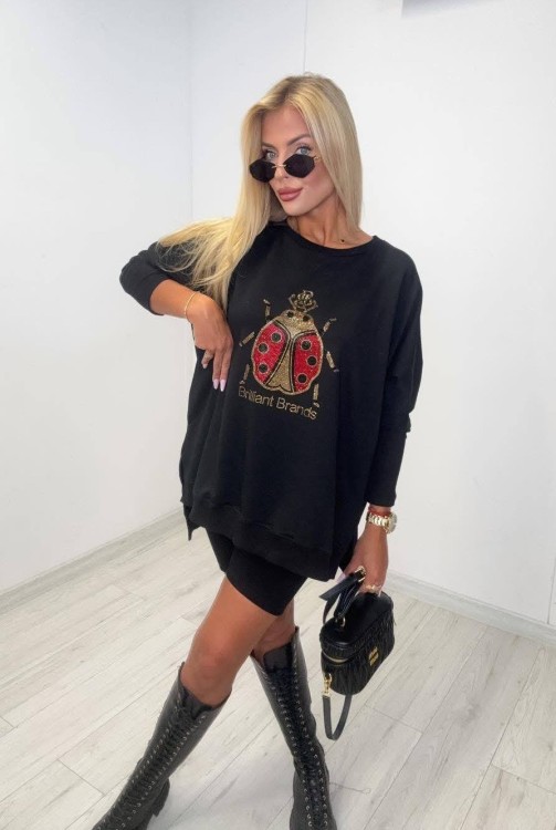 Czarna Bluza Tunika Oversize z Złotą Aplikacją – Ekskluzywna Nowość She&You