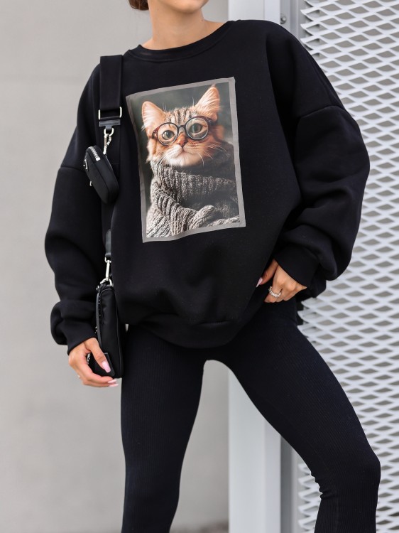 Bluza damska Kotek oversize Lara Fashion – Premium komfort i modny nadruk | Jesień–Zima 2025/26