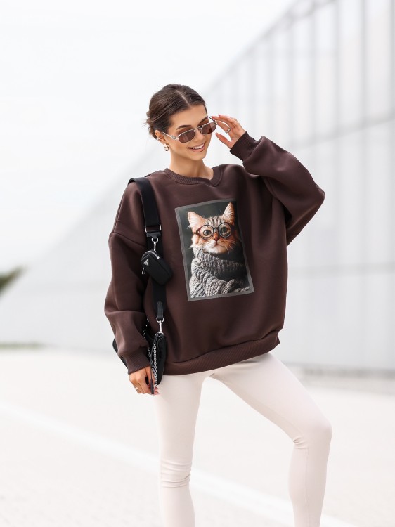Bluza damska Kotek oversize Lara Fashion – Premium komfort i modny nadruk | Jesień–Zima 2025/26