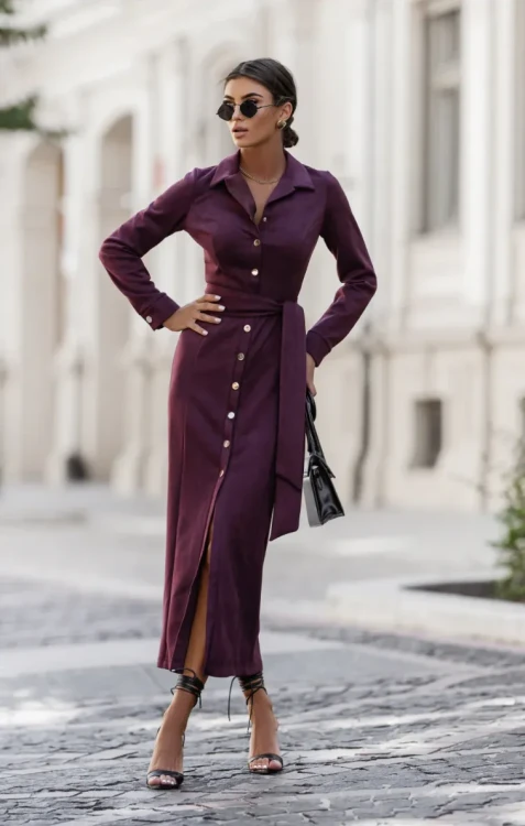 Sukienka koszulowa damska Ilya bordowa – luksus i elegancja | LaBalancia